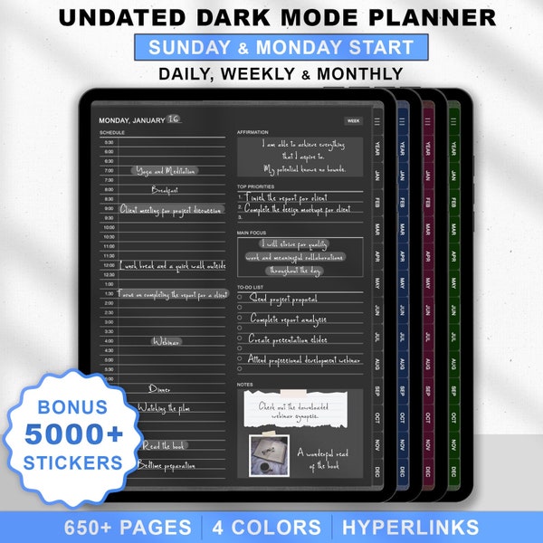 Undated Digital Planner in Dark Mode style for GoodNotes & Notability, Start of the week Sunday and Monday