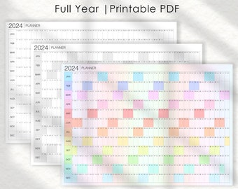 Printable 2024 Wall Calendar, Monthly Wall Planner, Rainbow Year Planner, Digital PDF Instant Download