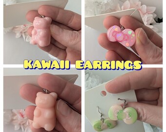 Customizable Handmade Dangle Earrings l Kawaii Girly Designs Clip On/Gauged Ear Options