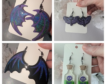 Customizable Handmade Spooky Designs Dangle Earrings Clip On/Gauged Ear Options