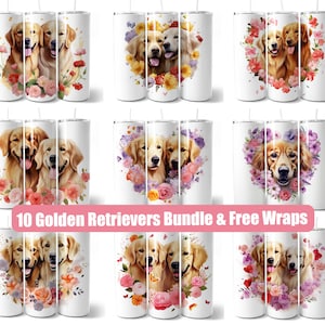 Golden Retriever Sublimation Designs For 20oz Straight Tumblers Wrap, Dog Tumbler Wrap with Flowers, Digital Download sublimation designs