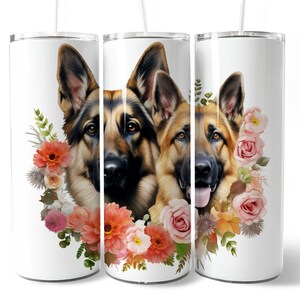 German Shepherd Watercolor Floral Dog 20oz Skinny Tumbler Straight PNG Templates Wrap Sublimation Designs Digital Download Dog Lover Gifts