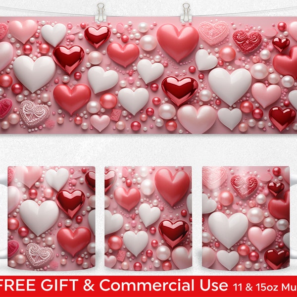 3D Valentines Mug PNG Wrap Sublimation Designs For 11oz and 15oz Mug, Valentine Mug Wrap Template, Free 365 I Love You Printable Love Notes