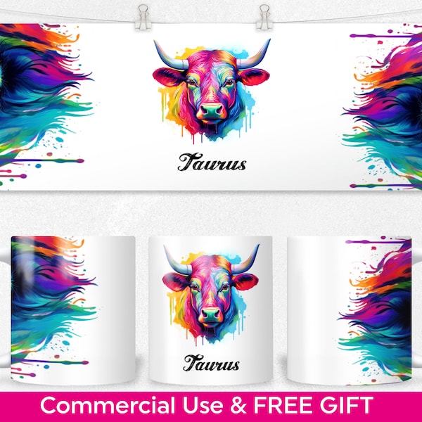 Taurus Mug Wrap PNG Sublimation Zodiac Horoscope Star Sign Design for 11oz and 15oz, Free Printable Positive Affirmation Self Care Gift