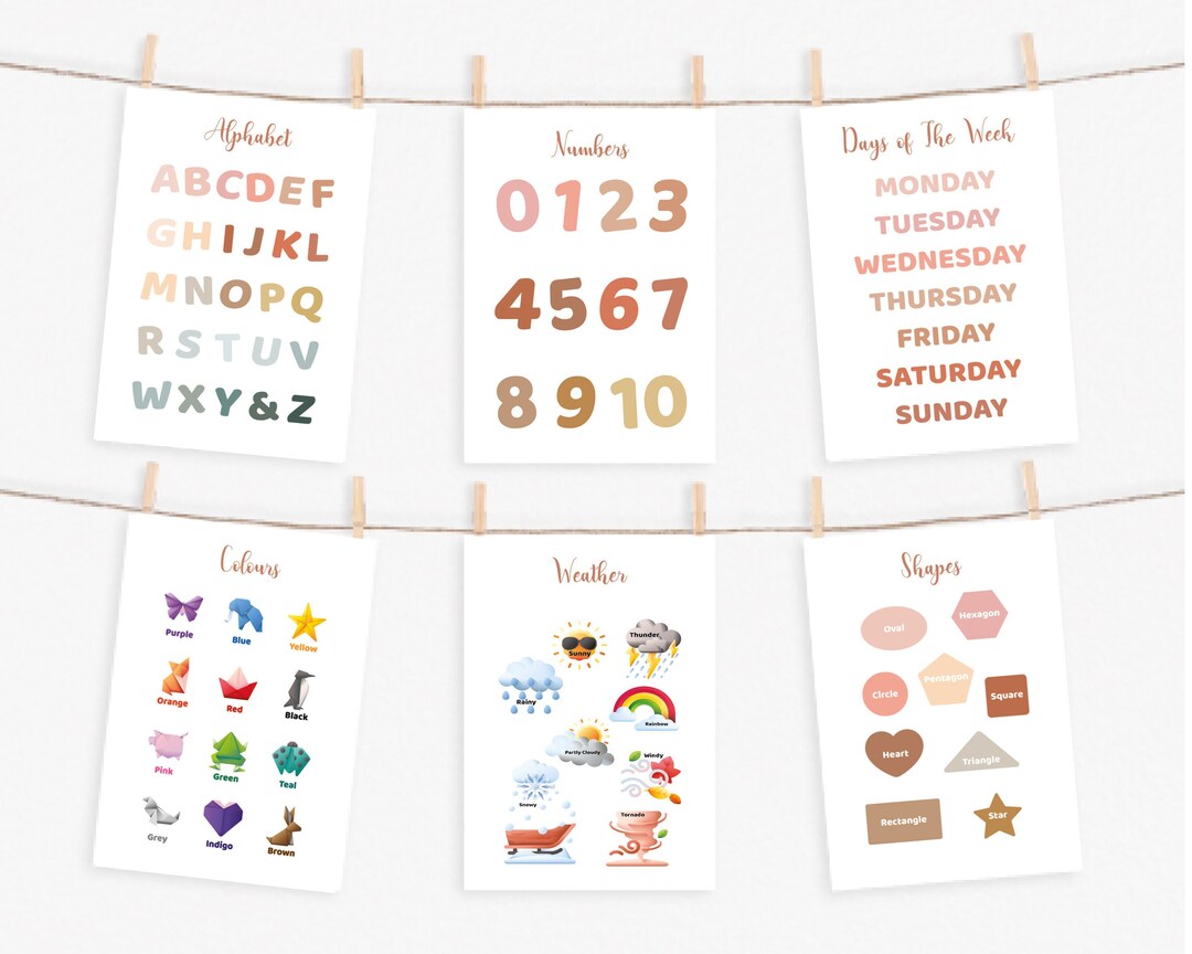 Boho Educational Nursery Posters, Alphabet, Numbers, Shapes (digital