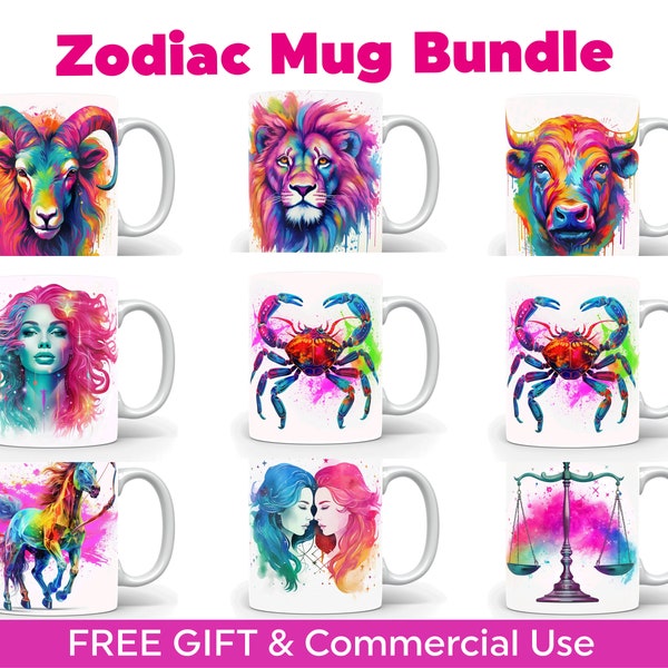 Zodiac Mug Wrap Bundle Sublimation Design 15oz 11oz Téléchargement numérique, Mug Astrology Star Sign Zodiac Wrap Mug PNG, Cartes d’affirmation gratuites