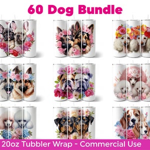 Watercolor Floral Dog 20oz Skinny Tumbler Straight PNG Templates Wrap Bundle Dog Sublimation Designs Digital Download Dog Lover Gifts