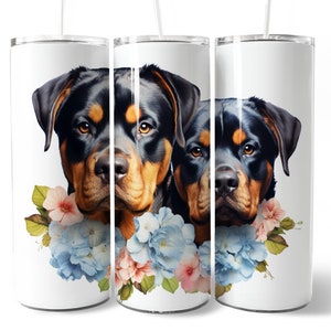 Watercolor Floral Dog 20oz Skinny Tumbler Straight PNG Templates Wrap Rottweilers Sublimation Designs Digital Download Dog Lover Gifts