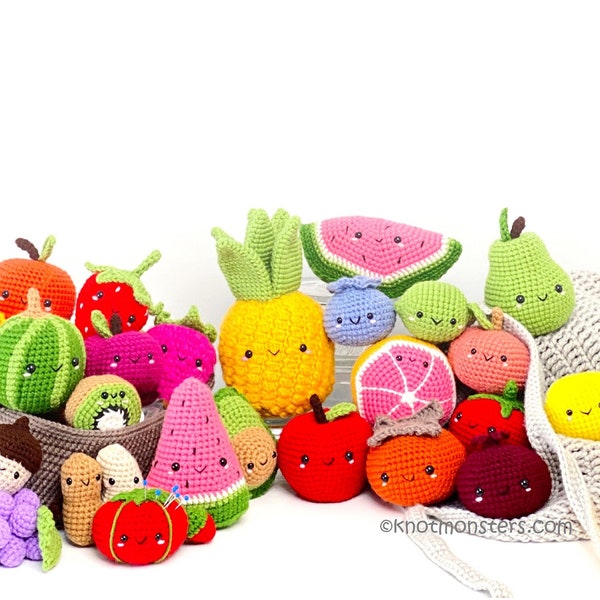 Lot de 30 motifs de fruits au crochet ! EBOOK PDF KnotMonsters Amigurumi Guide pratique pour débutants Facile et simple Tutoriel de base Farmer's Market Bag Basket