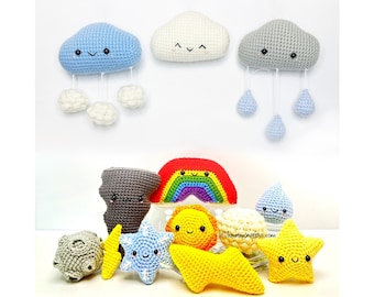 Weather Crochet Pattern Bundle! EBOOK PDF KnotMonsters Amigurumi How to Beginner Easy Simple Basic Tutorial Cloud Rain Clouds Rainbow Snow