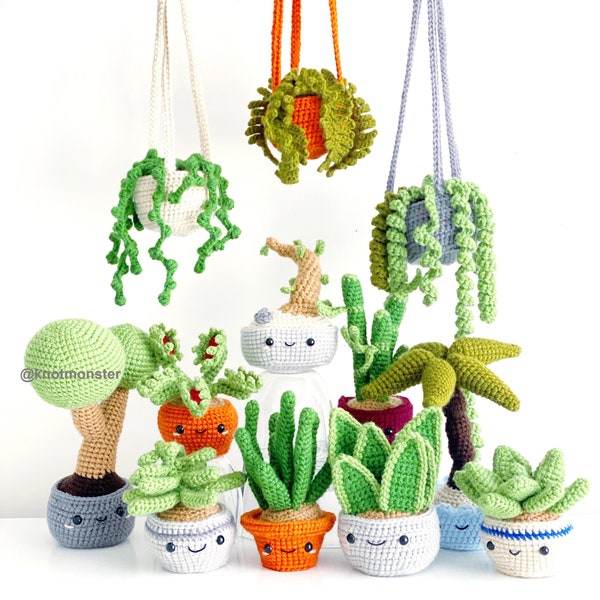 12 padrões de crochê para vasos de plantas! EBOOK PDF KnotMonsters Amigurumi Crochet Patterns Beginner Easy Simple Basic Tree Suculenta Bonsai Vaso