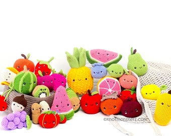 30 Crochet Fruit Pattern Bundle! EBOOK PDF KnotMonsters Amigurumi How to Beginner Easy Simple Basic Tutorial Farmer's Market Bag Basket