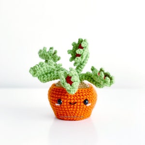 May include: A crocheted plush toy shaped like a Venus flytrap plant in a pot. The pot is orange and has a smiling face with black eyes. The plant has green leaves and red flowers.