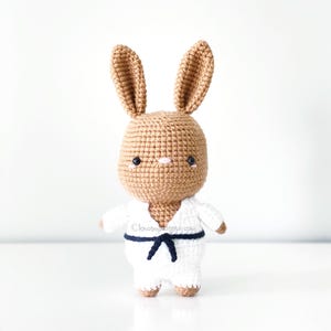 Może przedstawiać: Szydełkowa lalka królika w białym stroju karate z czarnym pasem. Królik ma brązowe futro, czarne oczy i różowy nos. Lalka jest ręcznie robiona i stoi prosto.