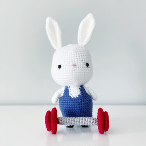 May include: A handmade white crochet bunny doll wearing a blue outfit, holding a red and gray barbell. The bunny has black eyes and a pink nose. The toy is designed to look like a weightlifter.