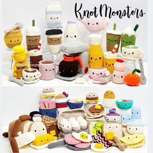 May include: A collection of crocheted food-themed plushies, including a coffee cup, milk carton, juice box, and a variety of breakfast items. The plushies are all brightly coloured and have cute faces.