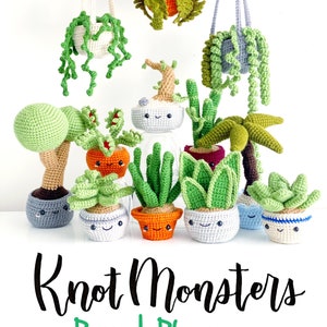 May include: A collection of 12 crochet amigurumi potted plant patterns. The patterns include a variety of plants, such as succulents, cacti, and ferns. The patterns are designed to be easy to follow and are perfect for beginners. Knot Monsters Potted Plant edition.