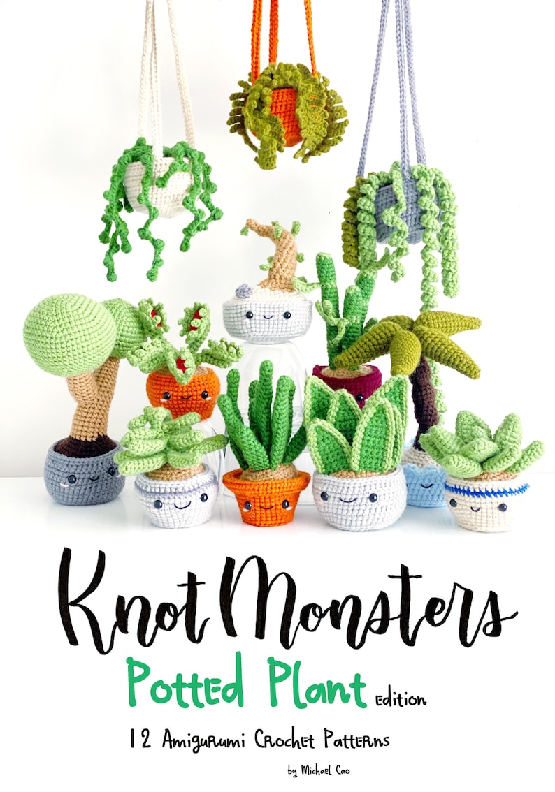 May include: A collection of 12 crochet amigurumi potted plant patterns. The patterns include a variety of plants, such as succulents, cacti, and ferns. The patterns are designed to be easy to follow and are perfect for beginners. Knot Monsters Potted Plant edition.