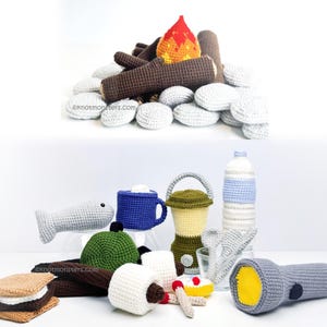 Puede incluir: Una colección de artículos de camping de ganchillo. Incluye una fogata con leños y llamas, un pez, una taza, una linterna, una botella de agua, un s'more, una seta, una cerilla, un pastel, una cuchara y una linterna.