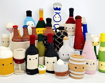 Pacchetto 30 modelli all'uncinetto per vino e liquori! EBOOK PDF KnotMonsters Amigurumi Come Principiante Tutorial facile Cibo Bevande Bottiglia Bicchiere di vino di