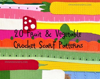 20 Fruit Vegetable Scarf Crochet Pattern Bundle! EBOOK PDF KnotMonsters Amigurumi How to Beginner Easy Simple Bundle Cute Scarves
