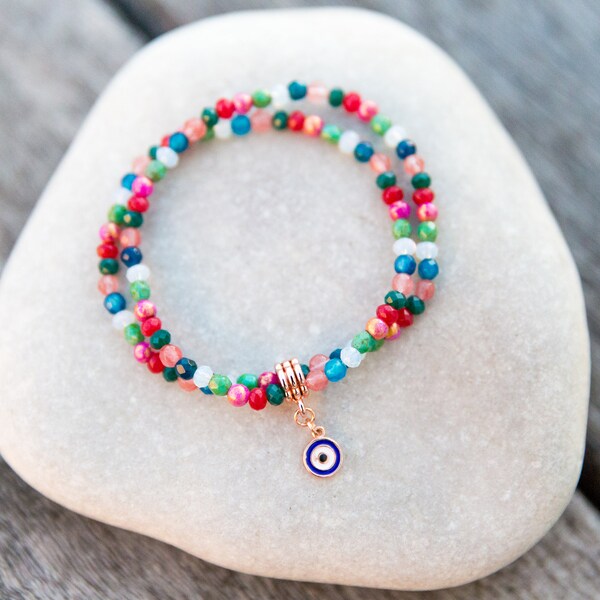 Bracelet gemmes pierres naturelles, perles rondes, perles facettes, pendentif plaqué Or rose 24k, porte bonheur, mauvais oeil.