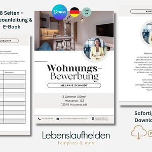May include: A light grey and white template for a housing application. The template includes a photo of a woman, a section for personal information, and a section for a description of the apartment. The text "Wohnungs-Bewerbung" is at the top of the template. The text "Melanie Schmidt" is below the title. The text "3 Zimmer 100m²" is below the name. The text "Musterstr. 123" is below the square footage. The text "12345 Musterstadt" is below the street address. The text "Lebenslaufhelden" is at the bottom of the template. The text "Templates & more" is below the company name.