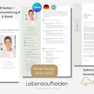 Puede incluir: Un conjunto de plantillas digitales de currículum con un diseño limpio, una barra lateral verde claro, una foto de marcador de posición de una mujer y secciones para contacto, habilidades y experiencia con el texto Lebenslaufhelden.