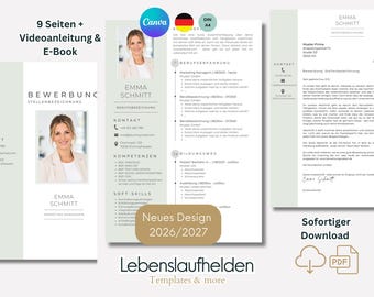 May include: A digital resume template set featuring a clean layout with a light green sidebar, a placeholder photo of a woman, and sections for contact information, skills, and professional experience with the text Lebenslaufhelden.