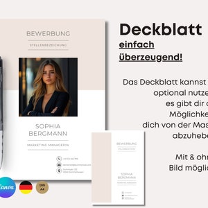 Puede incluir: Una plantilla de curr&iacute;culum beige y blanca con una foto profesional de una mujer. La plantilla incluye el texto "BEWERBUNG" y "STELLENBEZEICHUNG" en la parte superior, y el nombre de la mujer, "SOPHIA BERGMANN", y su puesto de trabajo, "MARKETING MANAGERIN", debajo de la foto. La plantilla tambi&eacute;n incluye la informaci&oacute;n de contacto de la mujer.