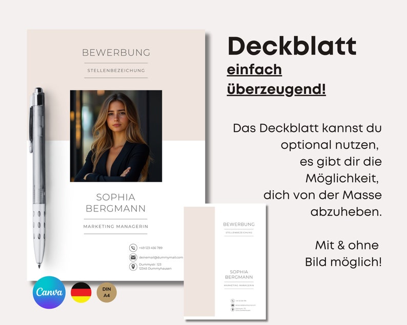 Puede incluir: Una plantilla de curr&iacute;culum beige y blanca con una foto profesional de una mujer. La plantilla incluye el texto "BEWERBUNG" y "STELLENBEZEICHUNG" en la parte superior, y el nombre de la mujer, "SOPHIA BERGMANN", y su puesto de trabajo, "MARKETING MANAGERIN", debajo de la foto. La plantilla tambi&eacute;n incluye la informaci&oacute;n de contacto de la mujer.