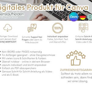 Puede incluir: Un producto digital para Canva con un dise&ntilde;o dorado y blanco. El texto dice "Digitales Produkt f&uuml;r Canva Lebenslaufhelden Templates & more". La imagen tambi&eacute;n incluye iconos para descargar, soporte, personalizaci&oacute;n e instrucciones. El texto "100%" es visible en un c&iacute;rculo. El texto "Kein WORD oder PAGES notwendig" es visible. El texto "ZUFRIEDENHEITSGARANTIE" es visible. El texto "Solltest du trotz allem nicht zufrieden sein, dann finden wir eine L&ouml;sung." es visible.