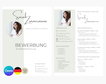 May include: A green and white resume template with a photo of a woman. The resume includes personal information, qualifications, soft skills, work experience, and education. The text on the resume includes the name "Sarah Zimmermann" and the title "Bewerbung".