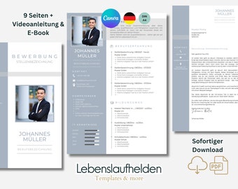 以下が含まれることがあります： 青と白の履歴書テンプレートで、下部に「Lebenslaufhelden Templates & more」というテキストがあります。テンプレートには、連絡先情報、職務経歴、教育、スキルに関するセクションが含まれています。このテンプレートは、Canva で使用するために設計されています。