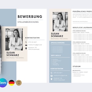 Op de afbeelding: Een cv-sjabloon met een blauw-wit kleurenschema. De cv is voor Susan Schwarz, die solliciteert naar een functie. De cv bevat contactgegevens, werkervaring, opleiding en vaardigheden. De cv is ontworpen om professioneel en gemakkelijk te lezen te zijn.