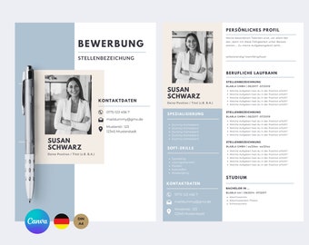 Ansökningsmall på tyska | CV i tabellformat | Kreativt modernt personligt brev | Yrkesverksamma | Exempeldesign för studenter CANVA!