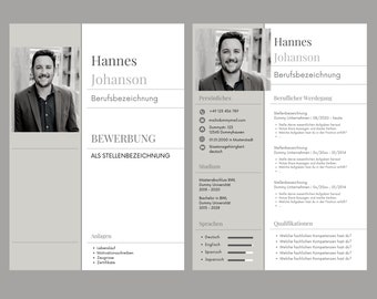 Bewerbungsvorlage deutsch Lebenslauf tabellarisch kreativ Anschreiben modern Deckblatt Muster Design schlicht hell grau Mann - Canva