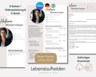 May include: A digital resume template set featuring a professional layout with a circular headshot placeholder, sections for contact information, profile, work history, education, and skills, with text in German and the label Neues Design 2026/2027.