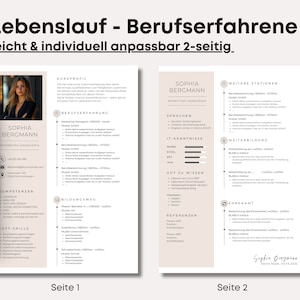 Puede incluir: Una plantilla de curr&iacute;culum de dos p&aacute;ginas en un esquema de color beige y marr&oacute;n. La plantilla incluye una foto profesional, informaci&oacute;n de contacto, una secci&oacute;n de habilidades y una secci&oacute;n de experiencia laboral. El texto "Lebenslauf - Berufserfahrene leicht & individuell anpassbar 2-seitig" est&aacute; en la parte superior de la p&aacute;gina.