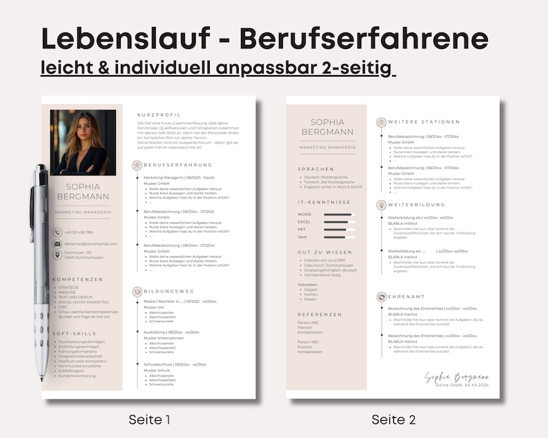 Puede incluir: Una plantilla de curr&iacute;culum de dos p&aacute;ginas en un esquema de color beige y marr&oacute;n. La plantilla incluye una foto profesional, informaci&oacute;n de contacto, una secci&oacute;n de habilidades y una secci&oacute;n de experiencia laboral. El texto "Lebenslauf - Berufserfahrene leicht & individuell anpassbar 2-seitig" est&aacute; en la parte superior de la p&aacute;gina.