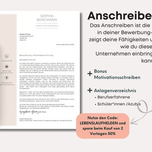 Puede incluir: Un documento blanco y gris con el t&iacute;tulo "Anschreiben" en texto negro. El documento es una plantilla de carta de presentaci&oacute;n para solicitudes de empleo. El documento incluye una secci&oacute;n titulada "Bonus" con el texto "Motivationsschreiben" y una secci&oacute;n titulada "Anlagenverzeichnis" con el texto "Berufserfahrene" y "Sch&uuml;ler*innen/Azubis". El documento tambi&eacute;n incluye una secci&oacute;n titulada "Nutze den Code: LEBENSLAUFHELDEN und spare beim Kauf von 2 Vorlagen 50%".
