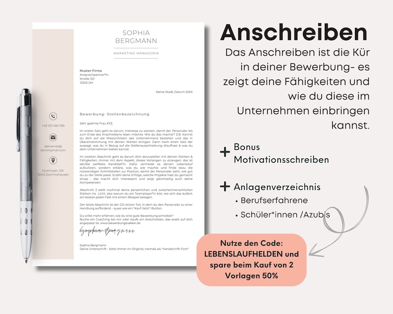 Puede incluir: Un documento blanco y gris con el t&iacute;tulo "Anschreiben" en texto negro. El documento es una plantilla de carta de presentaci&oacute;n para solicitudes de empleo. El documento incluye una secci&oacute;n titulada "Bonus" con el texto "Motivationsschreiben" y una secci&oacute;n titulada "Anlagenverzeichnis" con el texto "Berufserfahrene" y "Sch&uuml;ler*innen/Azubis". El documento tambi&eacute;n incluye una secci&oacute;n titulada "Nutze den Code: LEBENSLAUFHELDEN und spare beim Kauf von 2 Vorlagen 50%".