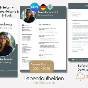 May include: A grey and white CV template featuring the text "Mareike Schmidt" and "Berufsbezeichnung" (German for "Job Title"). The template includes sections for work experience, skills, and education. The template is designed for use with Canva and is available for immediate download as a PDF.