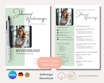 May include: A green and white resume template with a photo of a woman. The template includes sections for personal information, qualifications, soft skills, work experience, and academic background. The text "Neues Design 2024/2025" is at the bottom of the page.