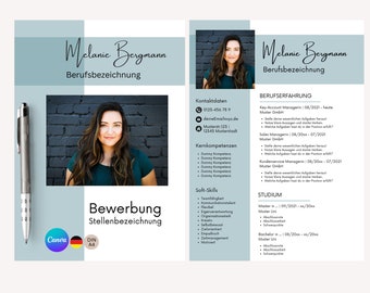 May include: A light blue and white resume template with a photo of a woman, contact information, a list of skills, and work experience. The text "Melanie Bergmann" is at the top of the resume.