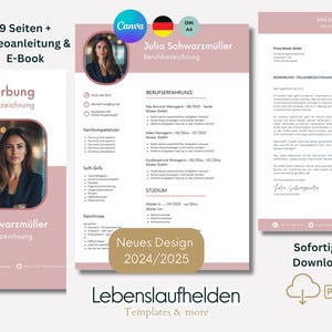 Könnte beinhalten: Eine rosa und weiße Lebenslaufvorlage mit einem Foto einer Frau in der oberen linken Ecke. Die Vorlage enthält Abschnitte für Berufserfahrung, Ausbildung, Fähigkeiten und Kontaktinformationen. Der Text "Neues Design 2024/2025" befindet sich in einem goldenen Kasten am unteren Rand der Seite.