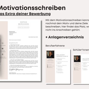 Puede incluir: Un documento beige y blanco con el t&iacute;tulo "Motivationsschreiben" y el texto "Das Extra deiner Bewerbung". El documento es una plantilla para una carta de presentaci&oacute;n e incluye una carta de presentaci&oacute;n de muestra, una tabla de contenido y una secci&oacute;n para una firma.