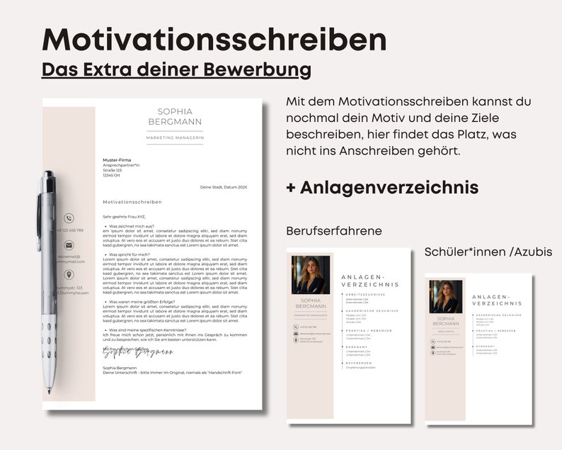 Puede incluir: Un documento beige y blanco con el t&iacute;tulo "Motivationsschreiben" y el texto "Das Extra deiner Bewerbung". El documento es una plantilla para una carta de presentaci&oacute;n e incluye una carta de presentaci&oacute;n de muestra, una tabla de contenido y una secci&oacute;n para una firma.