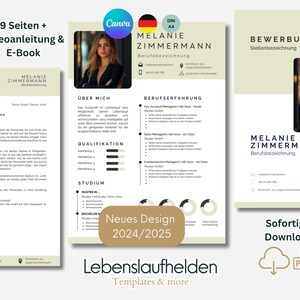 May include: A beige and green CV template featuring a woman's photograph. The template includes sections for "About Me", "Qualifications", "Work Experience", "Education", and "Skills". The template also includes a section for "New Design 2024/2025" and "Lebenslaufhelden Templates & more".