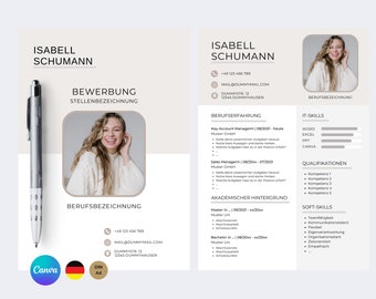 Ansökningsmall på tyska | CV i tabellformat | Kreativt modernt personligt brev | Yrkesverksamma | Studenter Exempeldesign CANVA!